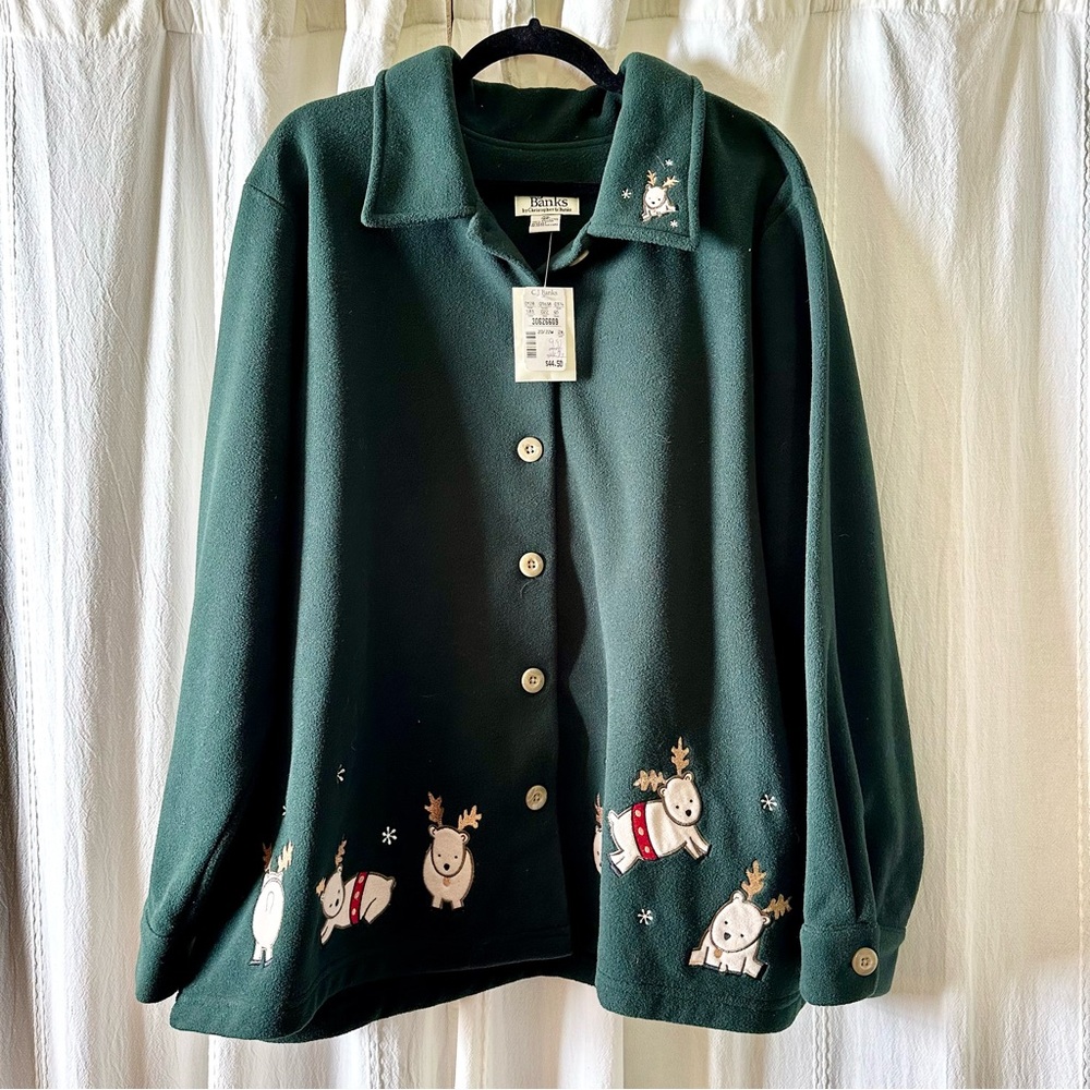 NWT VINTAGE CJ BANKS Green Christmas Sweater with Reindeer Embroidery